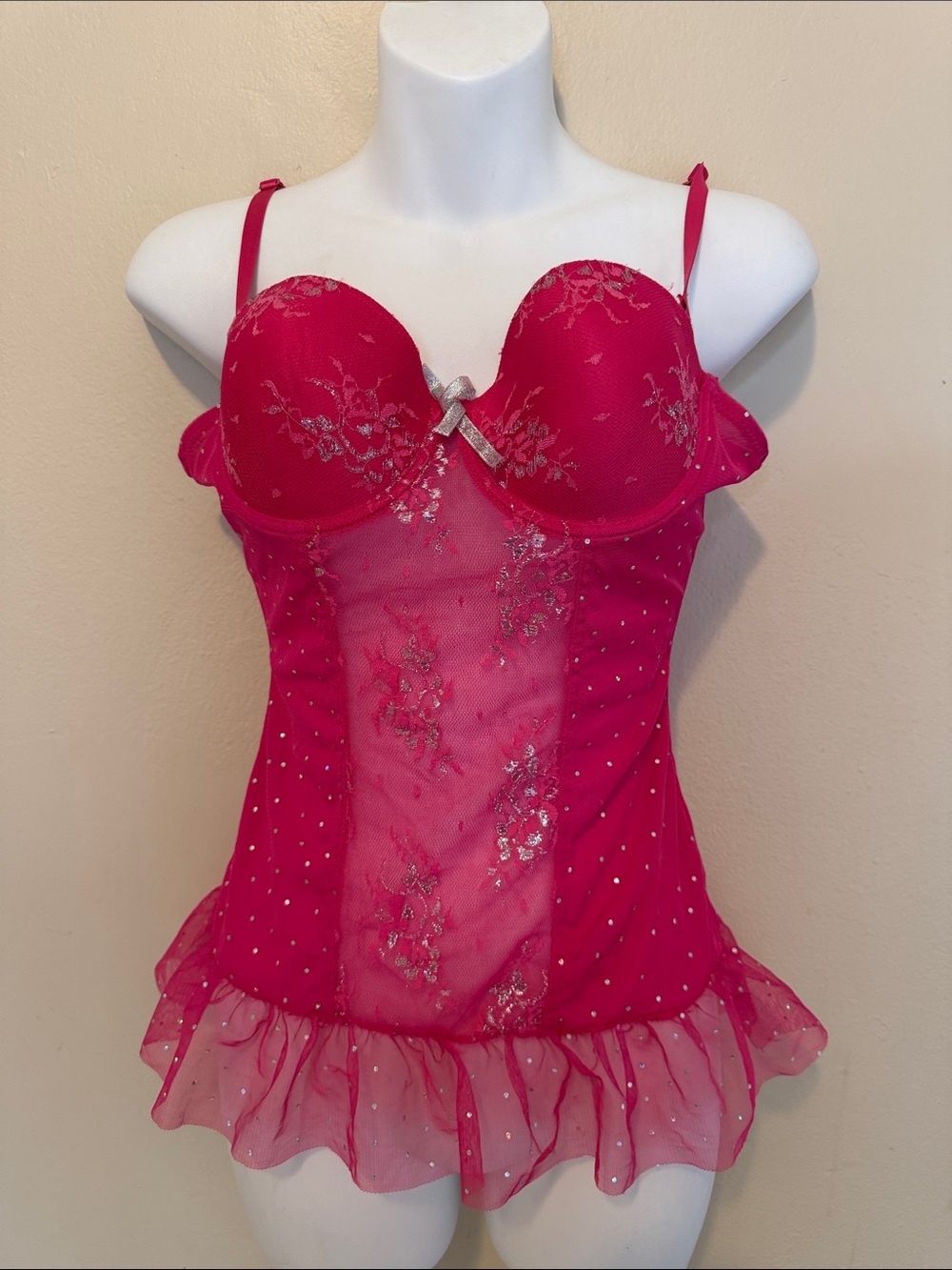 Native Intimates Hot Pink Lace & Mesh Bustier Chemise with Silver Bow